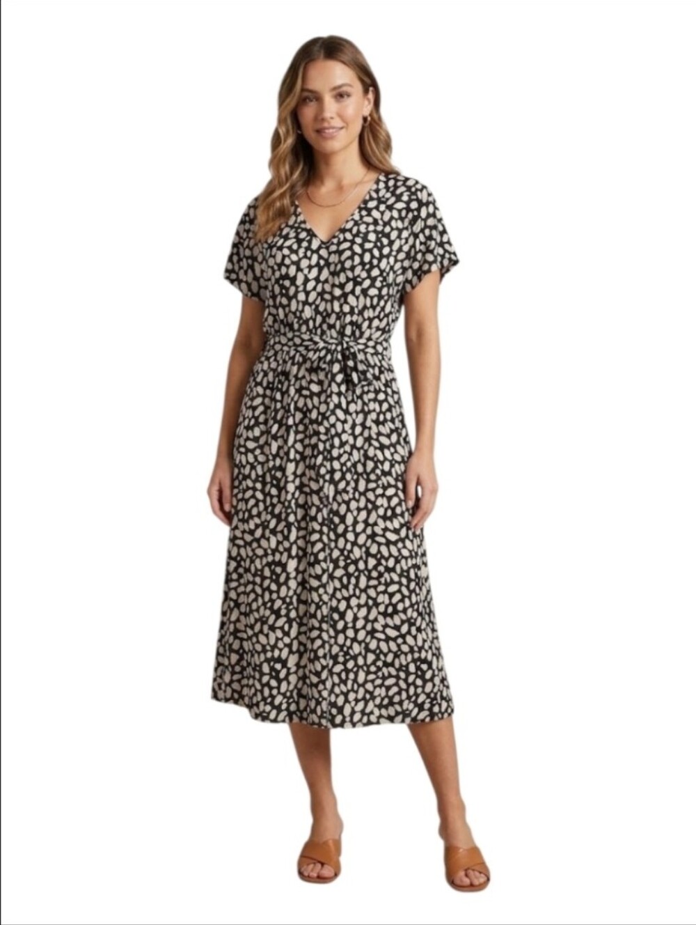 Sienna Sky Graphic Print Vneck Ruffle Sleeve Midi Dress